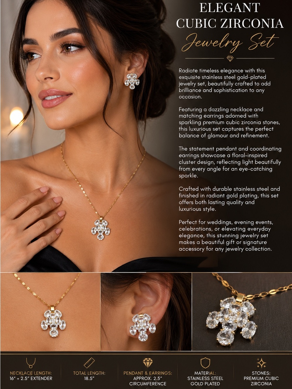 Elegant Gold-plated Cubic Zirconia Necklace and Earrings Set